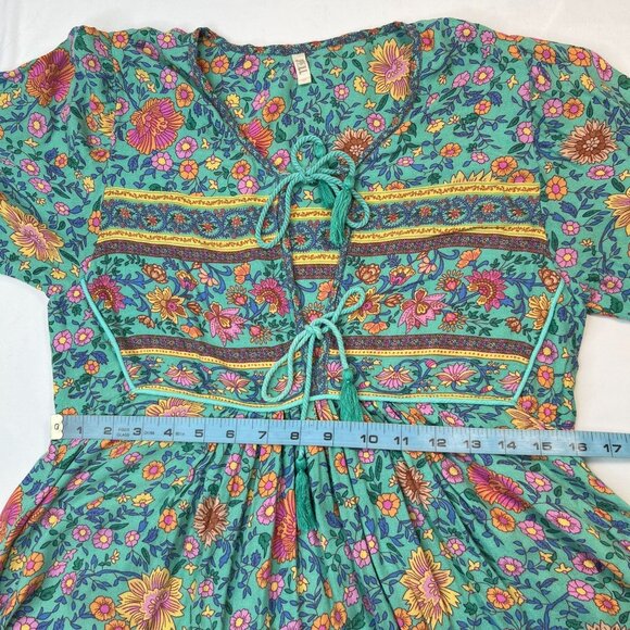 SPELL Folk Town Boho Midi Dress Turquoise Floral Long Sleeve RARE Small - Picture 12 of 16